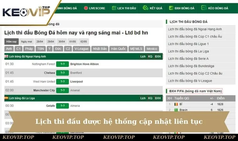 Lịch thi đấu được hệ thống cập nhật liên tục